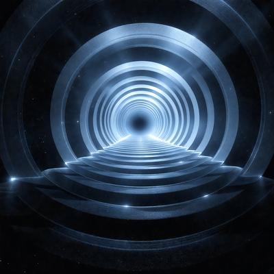 The primary subject of the image is a tunnel or a wormhole, which appears to be a futuristic or space-themed design. The tunnel is illuminated by a blue light, giving it a unique and captivating appearance. The setting is a black background, which further emphasizes the tunnel's shape and design. The visual style of the image is a combination of futuristic art and digital illustration, creating a striking and imaginative scene. The colors and mood of the image are predominantly